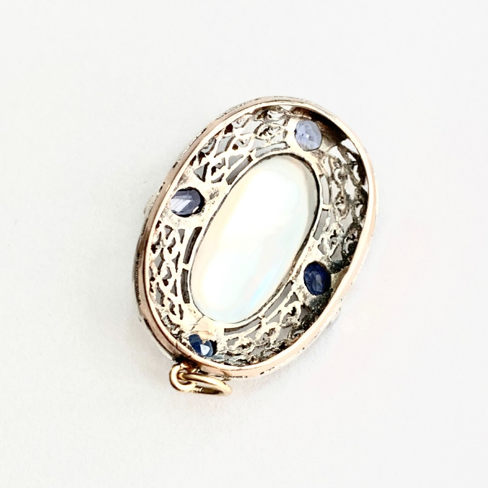Large Edwardian Silver Moonstone and Sapphire Pendant View V