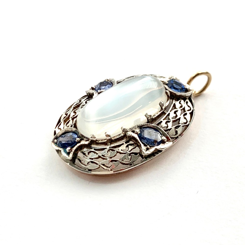 Large Edwardian Silver Moonstone and Sapphire Pendant View VI