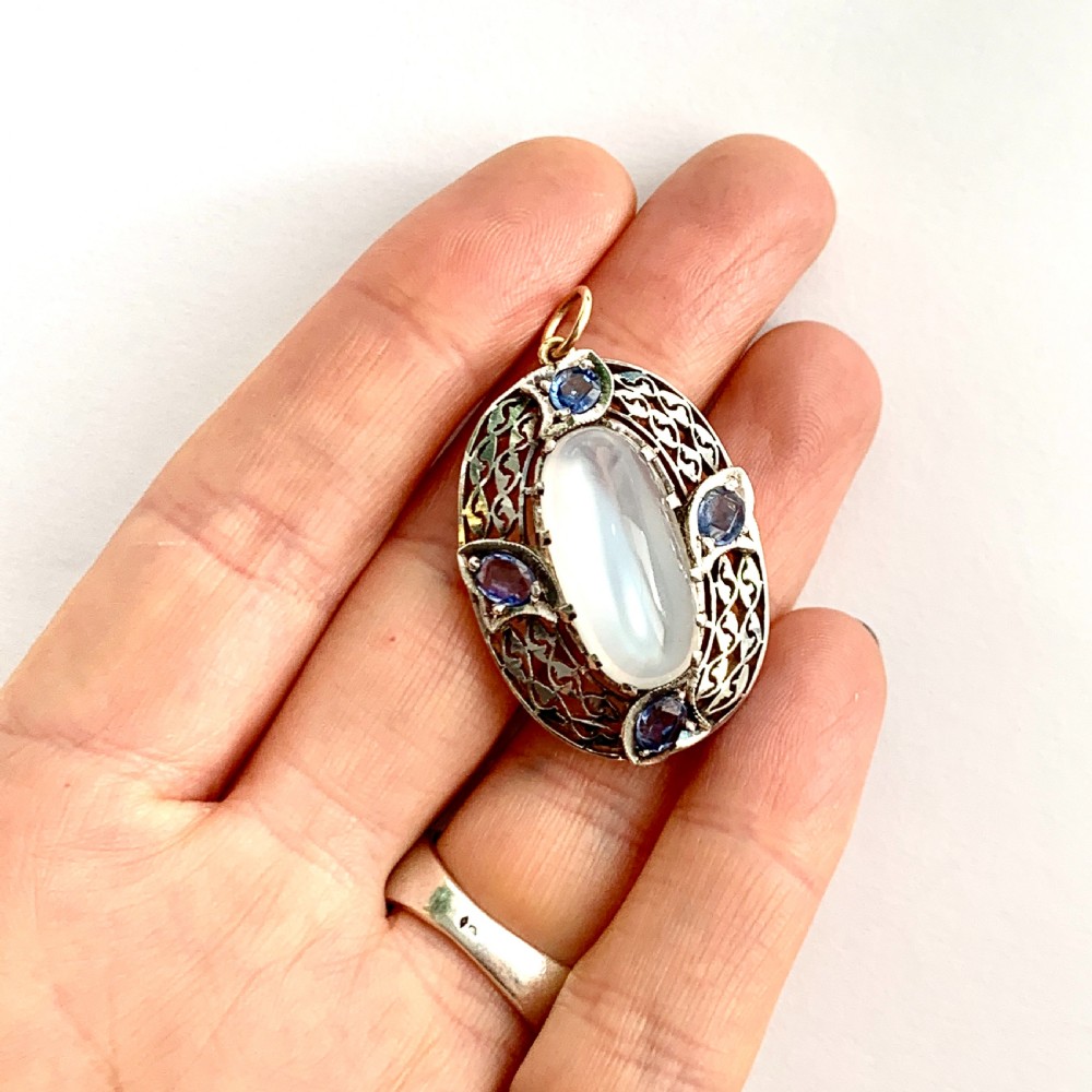 Large Edwardian Silver Moonstone and Sapphire Pendant View VII