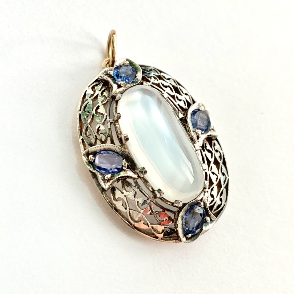 Large Edwardian Silver Moonstone and Sapphire Pendant View VIII