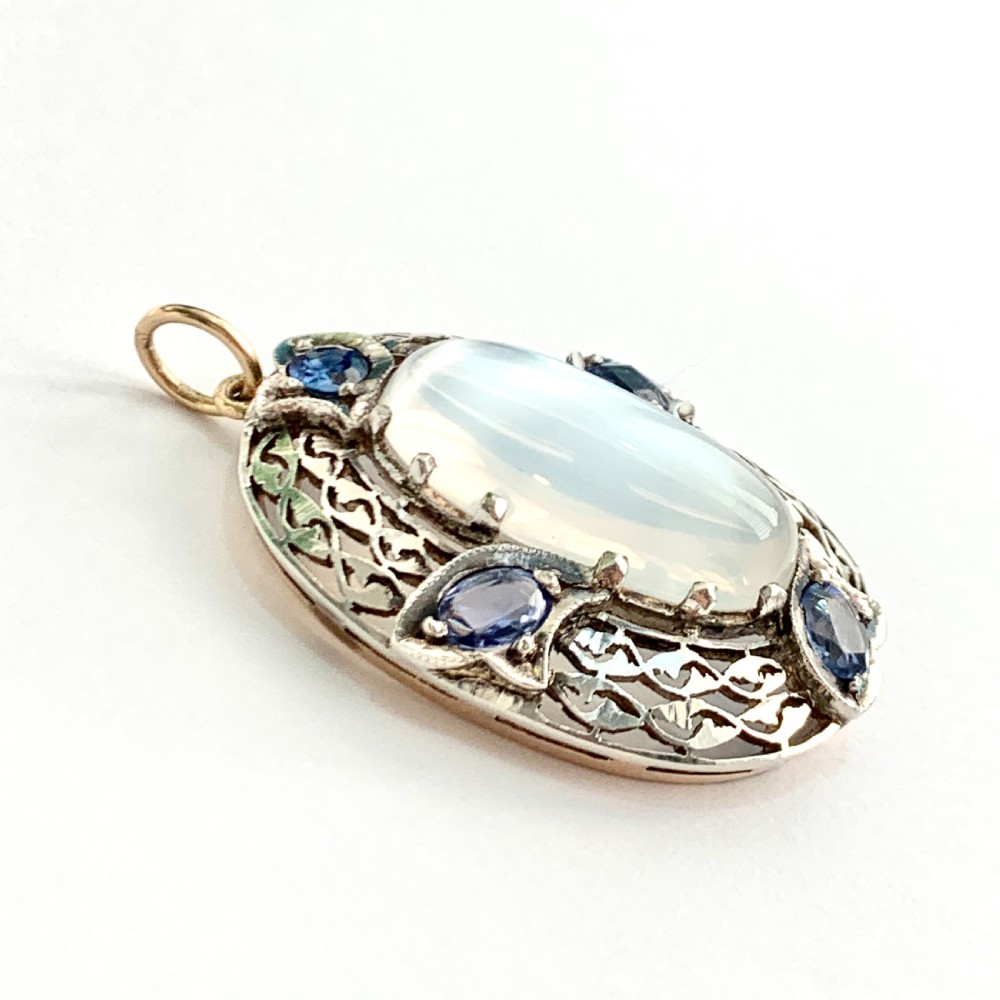 Large Edwardian Silver Moonstone and Sapphire Pendant View IX