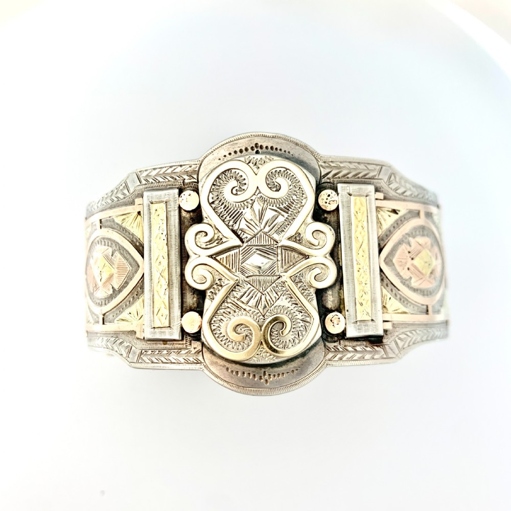 Victorian Wide Sterling Silver Hinged Cuff Bangle with Rose and Yellow Gold