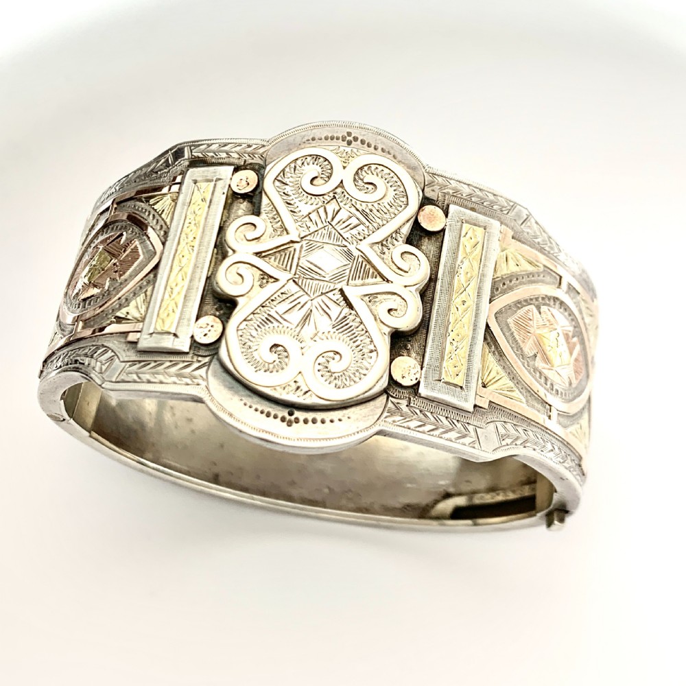 Victorian Wide Sterling Silver Hinged Cuff Bangle with Rose and Yellow Gold View IV