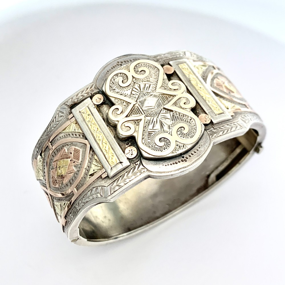 Victorian Wide Sterling Silver Hinged Cuff Bangle with Rose and Yellow Gold View V