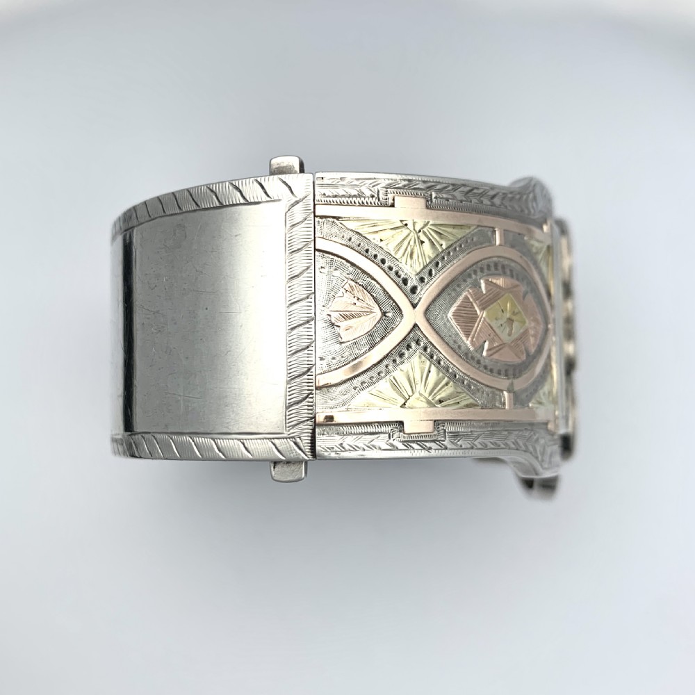 Victorian Wide Sterling Silver Hinged Cuff Bangle with Rose and Yellow Gold View VI