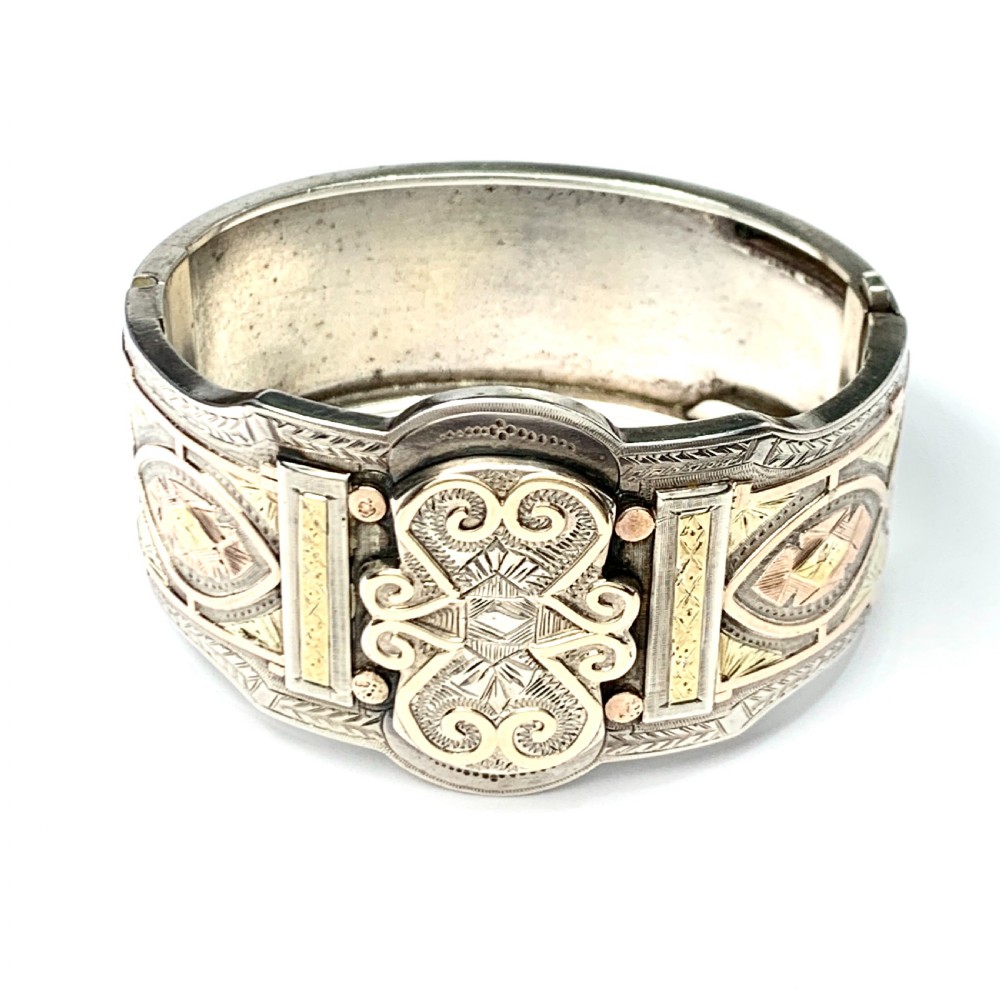 Victorian Wide Sterling Silver Hinged Cuff Bangle with Rose and Yellow Gold View VII
