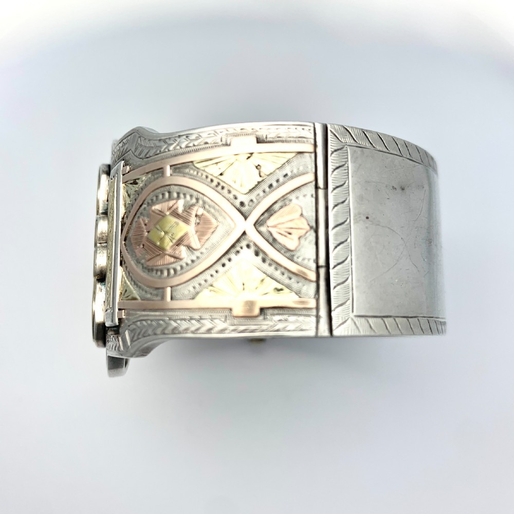 Victorian Wide Sterling Silver Hinged Cuff Bangle with Rose and Yellow Gold View VIII