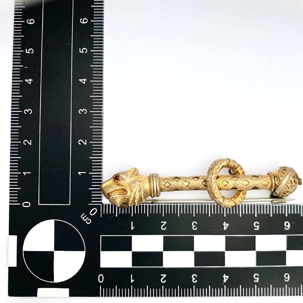Rare Victorian Red Eyed Golden Lion Sceptre Brooch View II