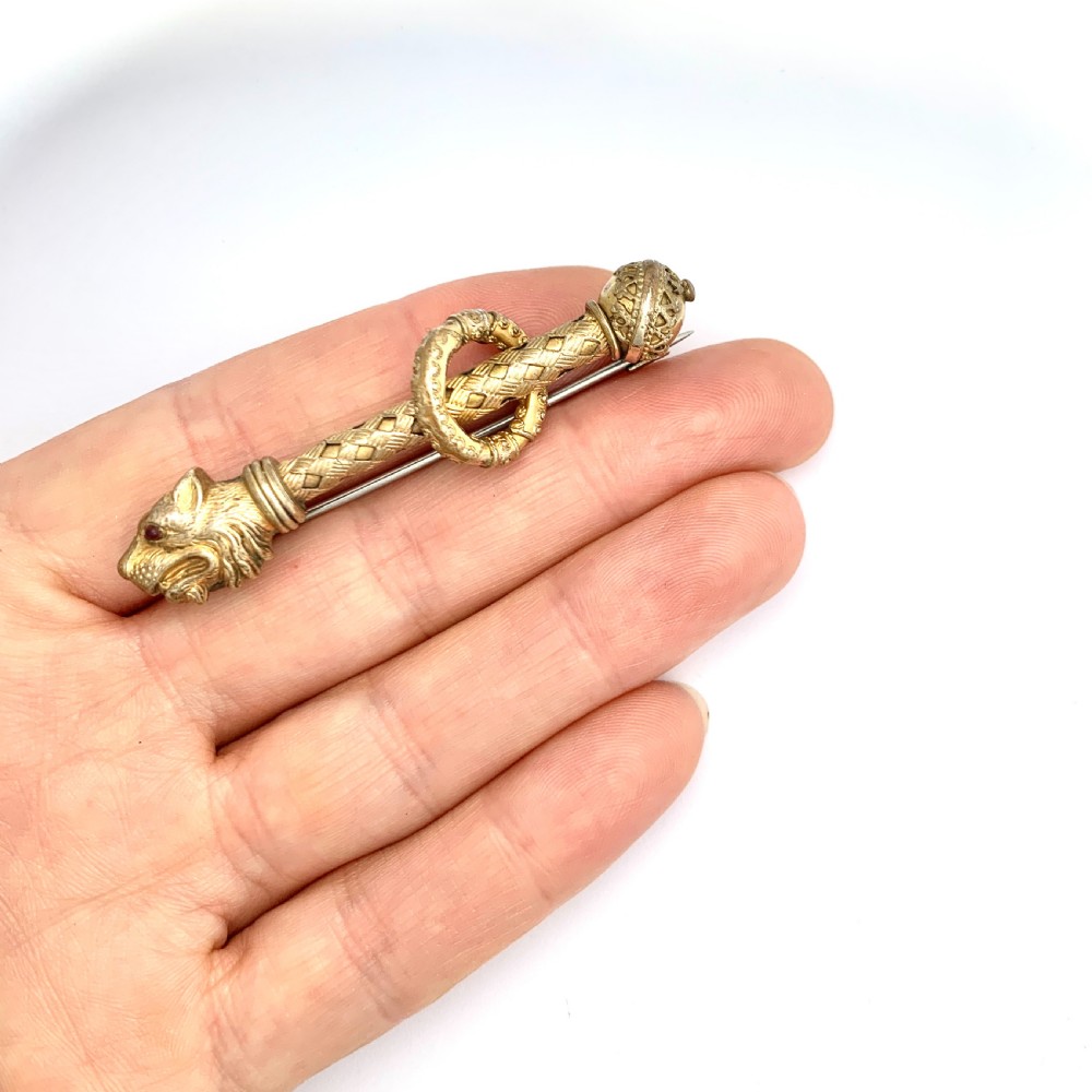 Rare Victorian Red Eyed Golden Lion Sceptre Brooch View V