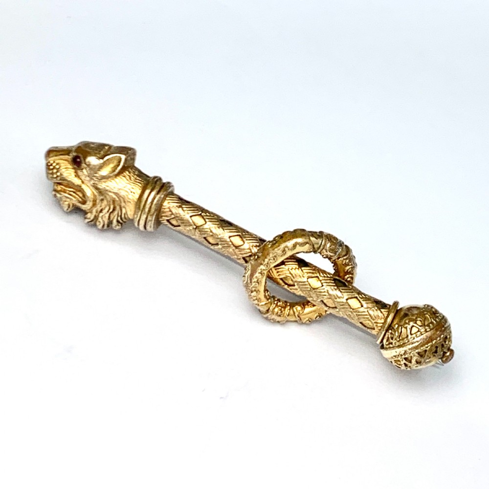 Rare Victorian Red Eyed Golden Lion Sceptre Brooch View VI