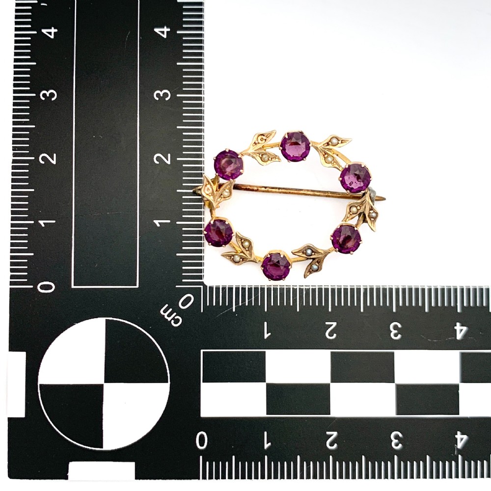 Edwardian 9CT Gold Almandine Garnet and Seed Pearl Wreath Brooch View II