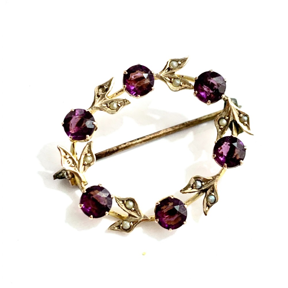 Edwardian 9CT Gold Almandine Garnet and Seed Pearl Wreath Brooch View V