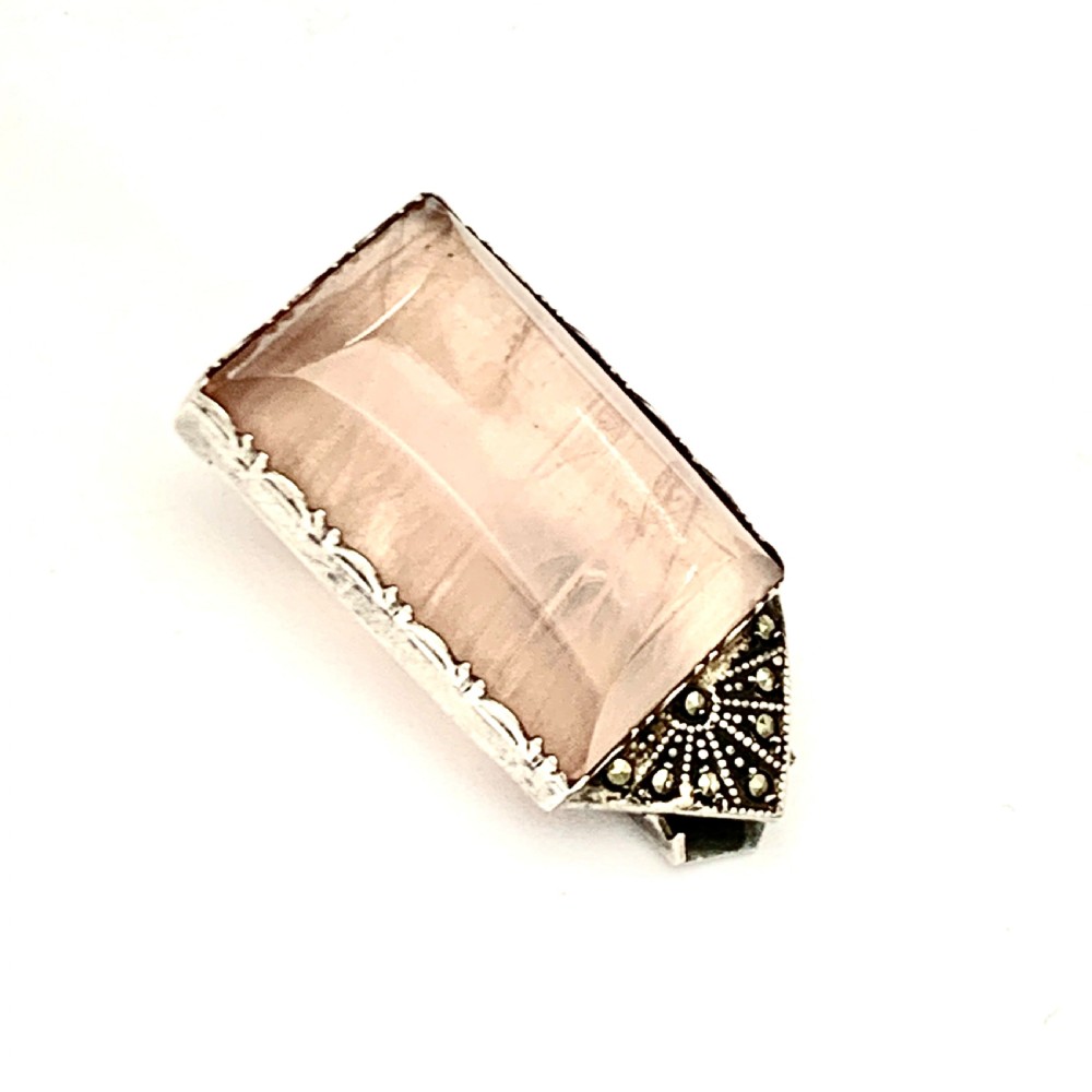 Art Deco Rose Quartz Sterling Silver Dress Fur Clip View III