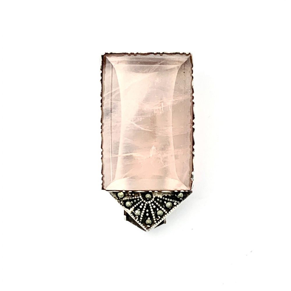 Art Deco Rose Quartz Sterling Silver Dress Fur Clip View IV