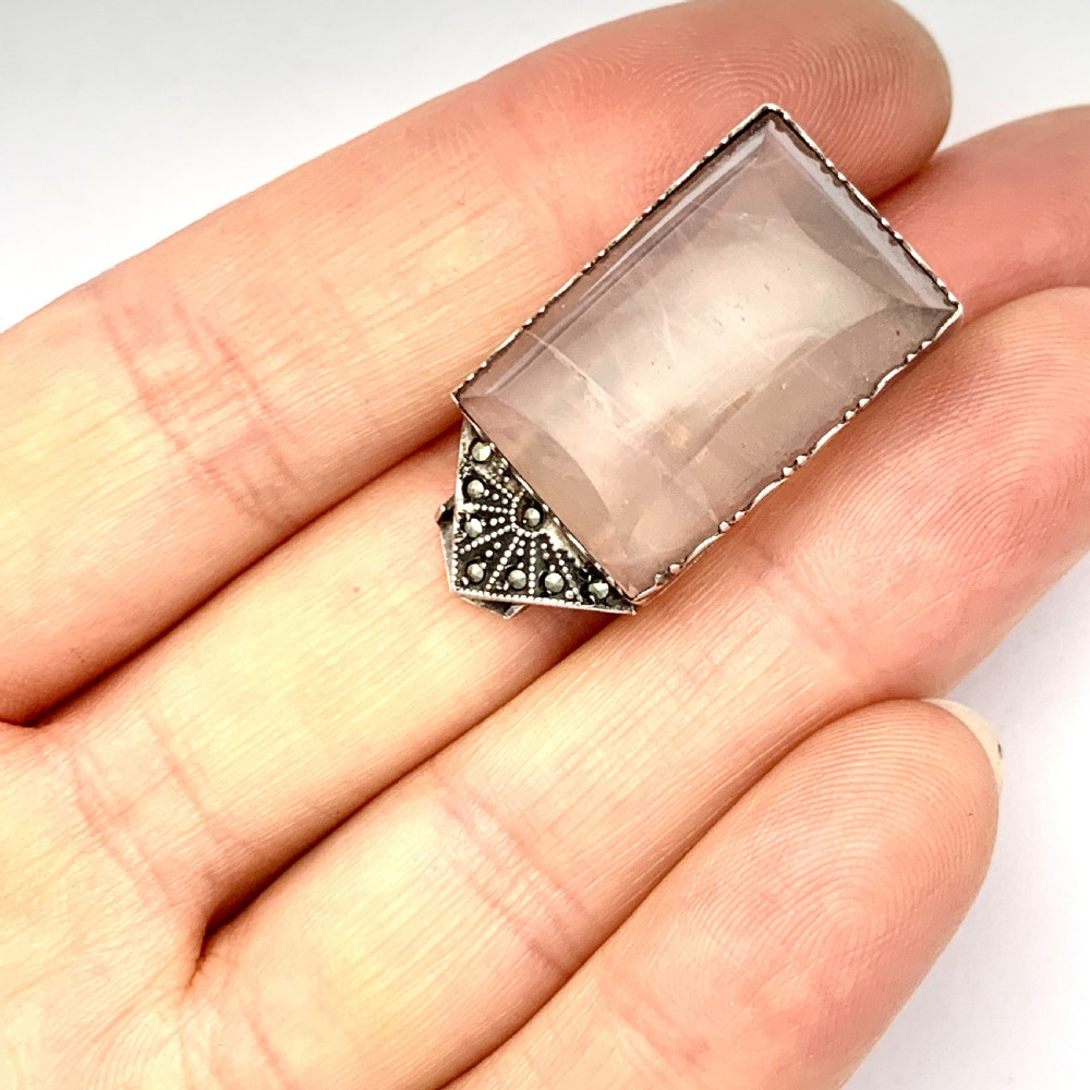 Art Deco Rose Quartz Sterling Silver Dress Fur Clip View VII