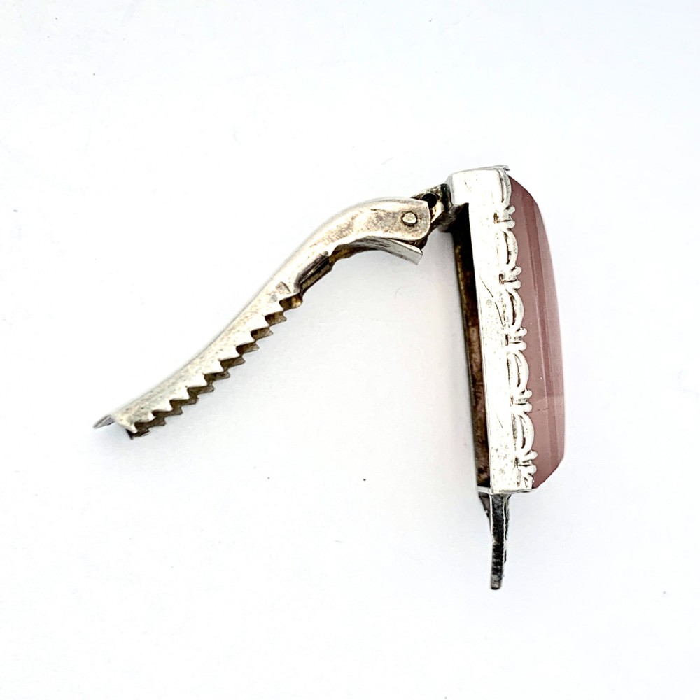 Art Deco Rose Quartz Sterling Silver Dress Fur Clip View VIII