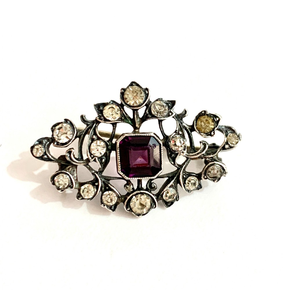 Edwardian Sterling Silver Amethyst Paste Brooch by Knoll & Pregizer 