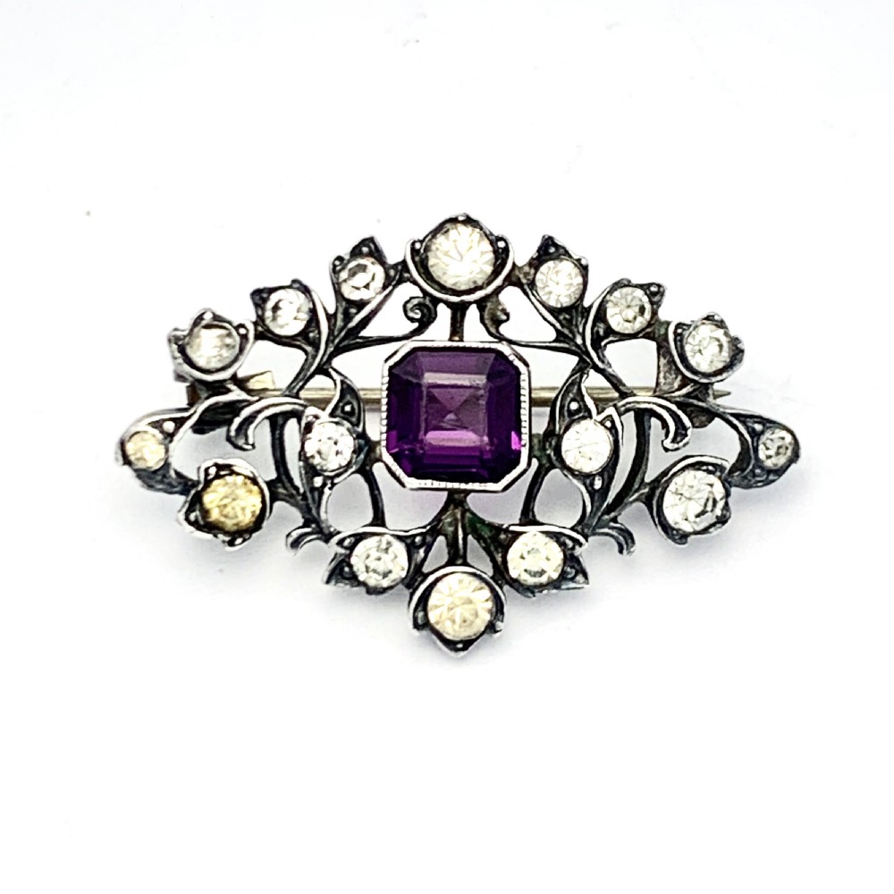 Edwardian Sterling Silver Amethyst Paste Brooch by Knoll & Pregizer  View IV