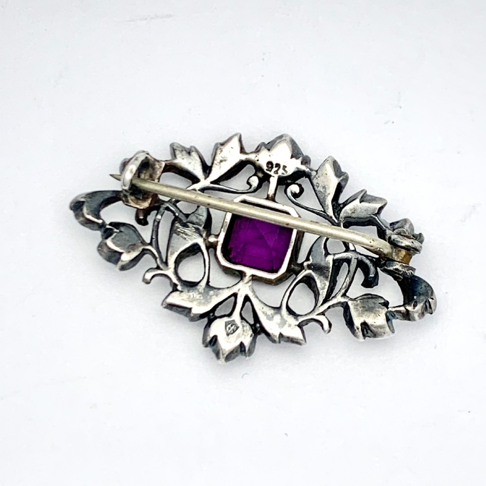 Edwardian Sterling Silver Amethyst Paste Brooch by Knoll & Pregizer  View V