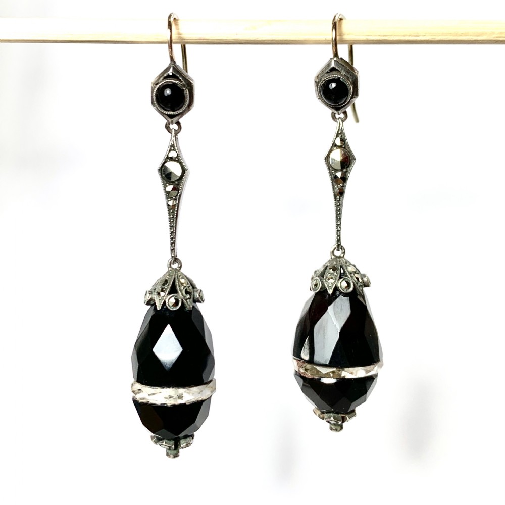  Antique Onyx and Quartz Egg Drop Earrings in Silver and Gold