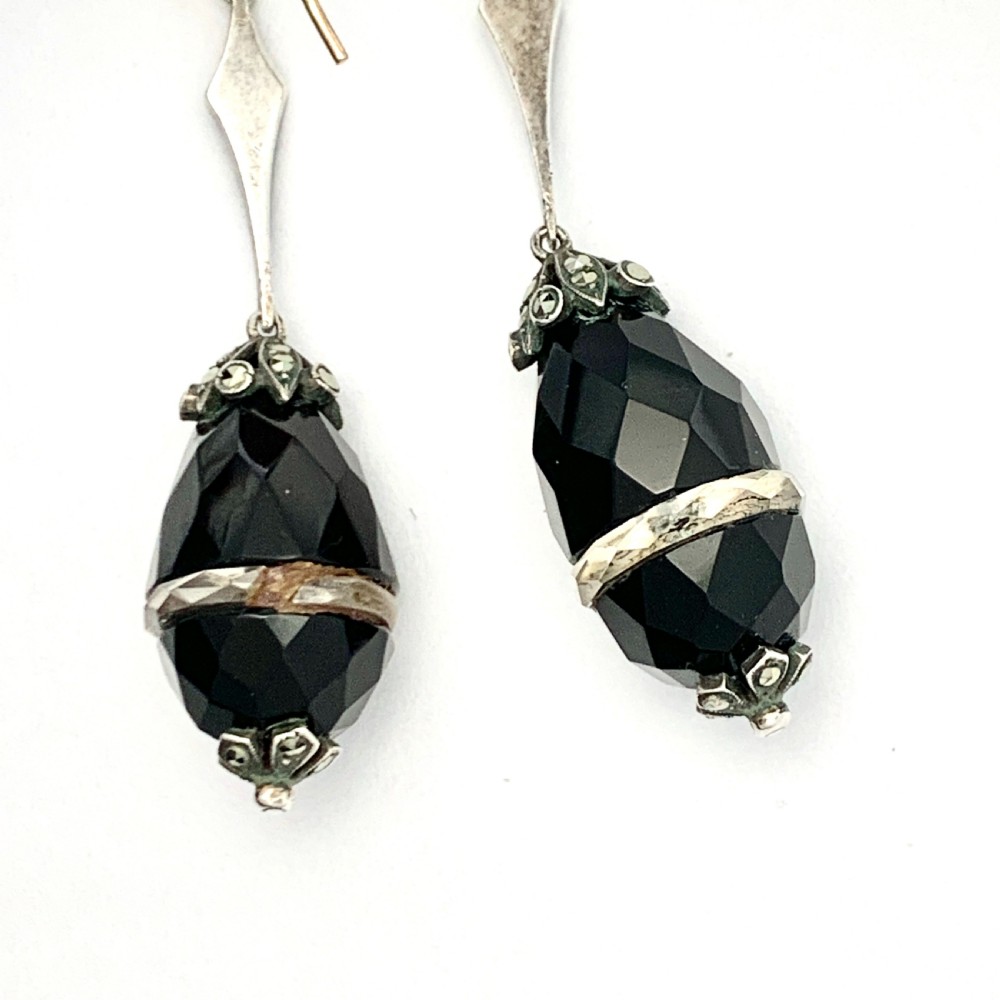  Antique Onyx and Quartz Egg Drop Earrings in Silver and Gold View II