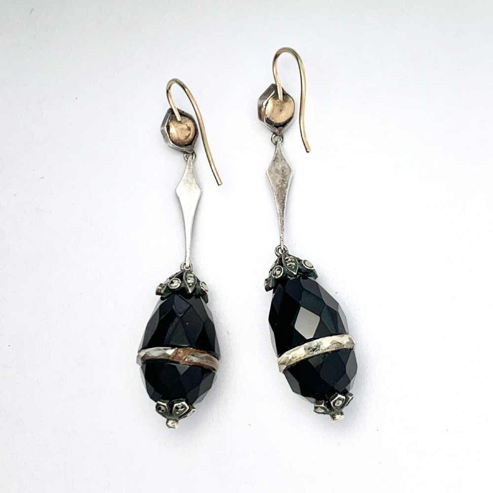  Antique Onyx and Quartz Egg Drop Earrings in Silver and Gold View III