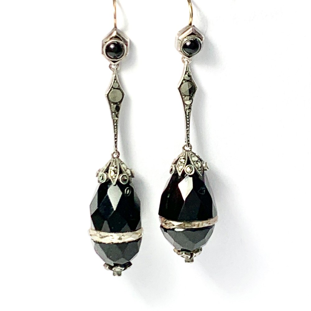  Antique Onyx and Quartz Egg Drop Earrings in Silver and Gold View IV