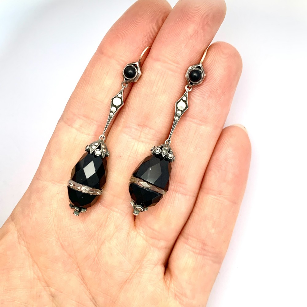  Antique Onyx and Quartz Egg Drop Earrings in Silver and Gold View V