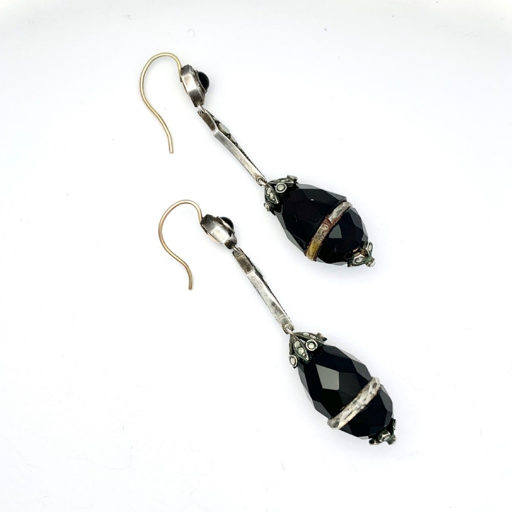  Antique Onyx and Quartz Egg Drop Earrings in Silver and Gold View VI