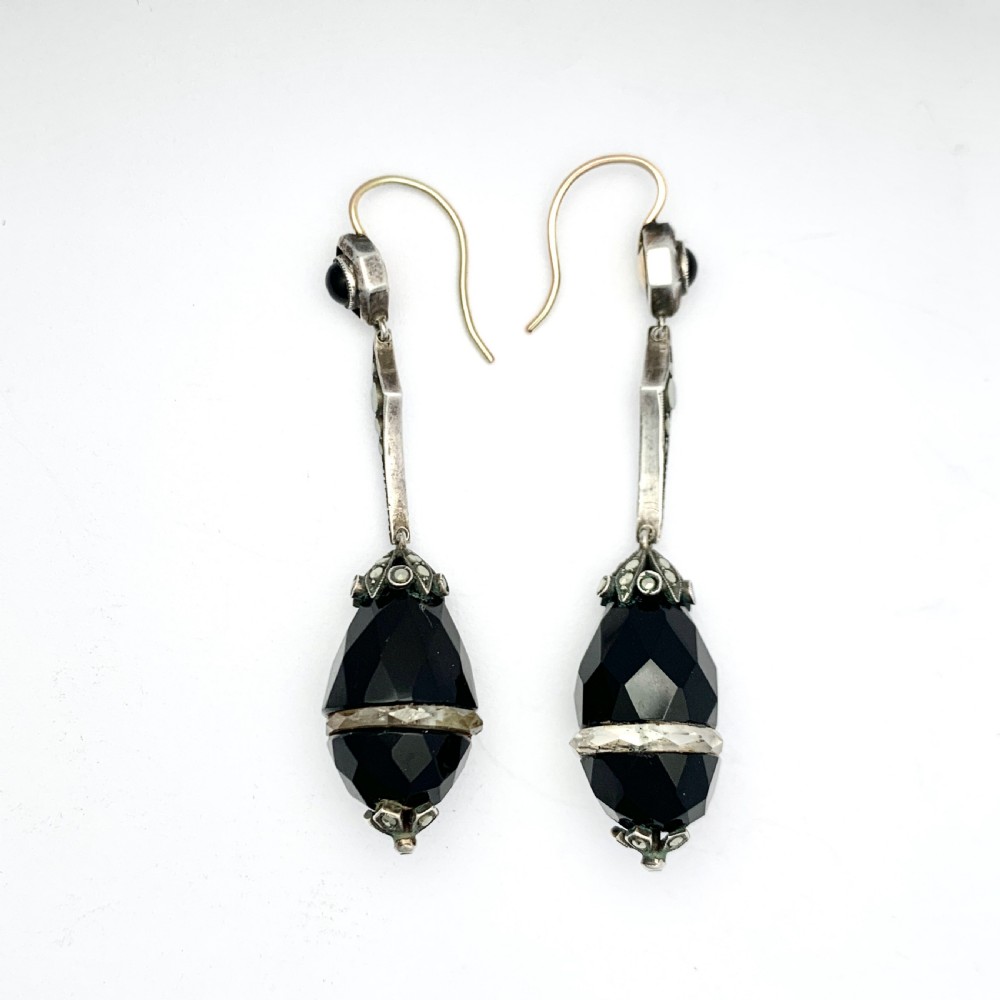  Antique Onyx and Quartz Egg Drop Earrings in Silver and Gold View VIII