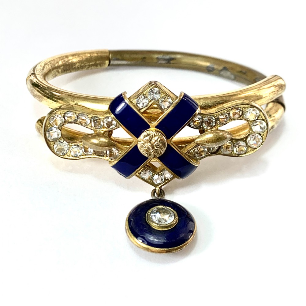 Victorian Blue Enamel Gilt Paste Bangle with Drop 