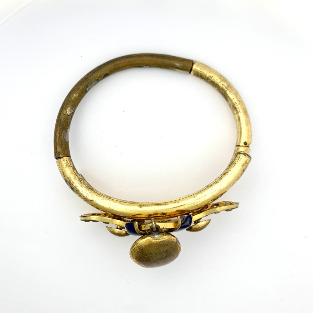 Victorian Blue Enamel Gilt Paste Bangle with Drop  View II