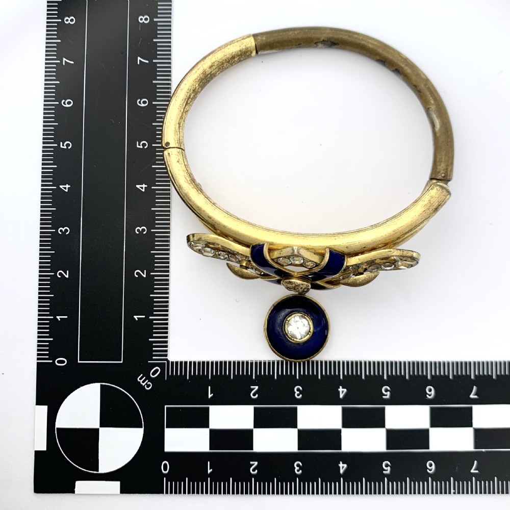 Victorian Blue Enamel Gilt Paste Bangle with Drop  View III