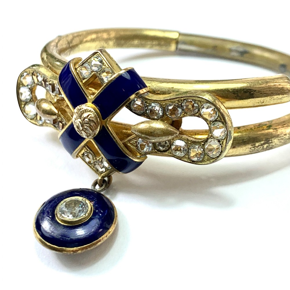 Victorian Blue Enamel Gilt Paste Bangle with Drop  View X