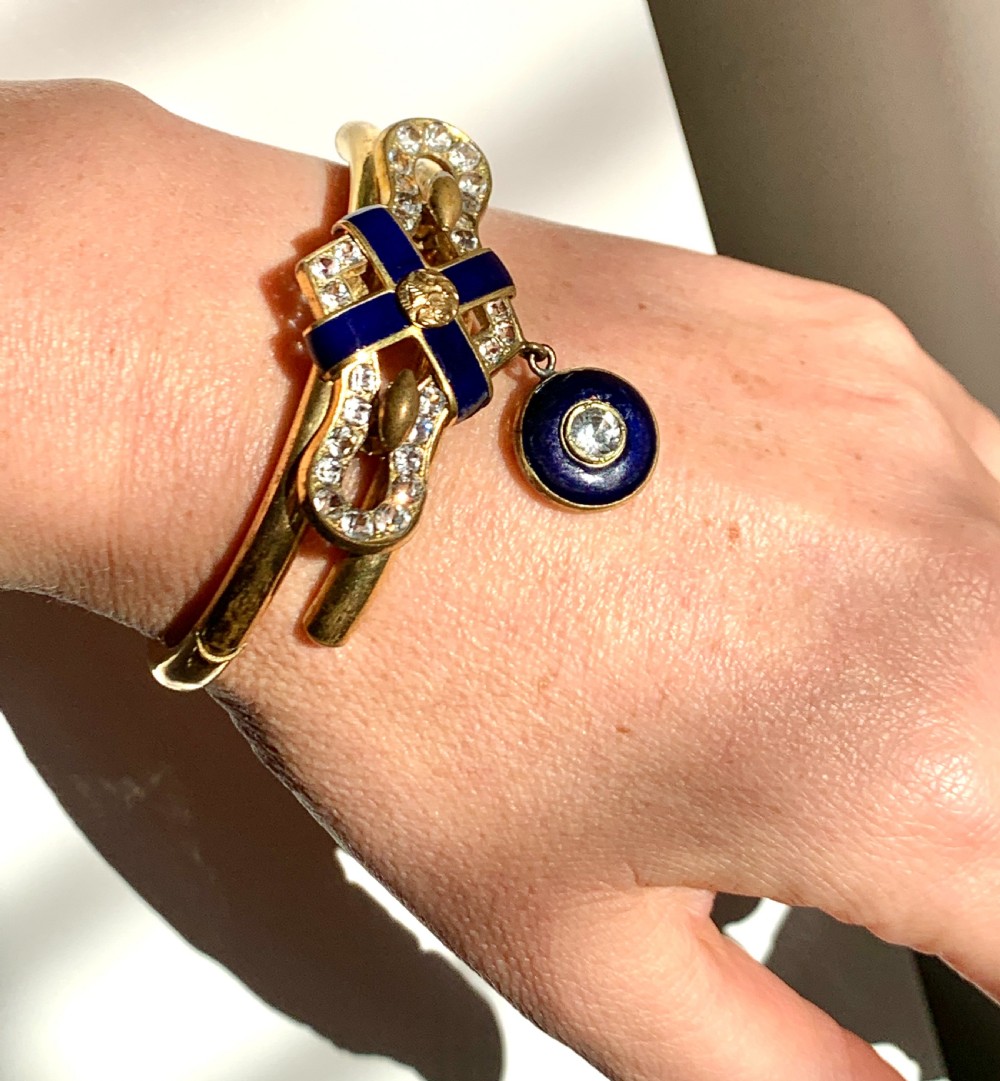 Victorian Blue Enamel Gilt Paste Bangle with Drop  View XII