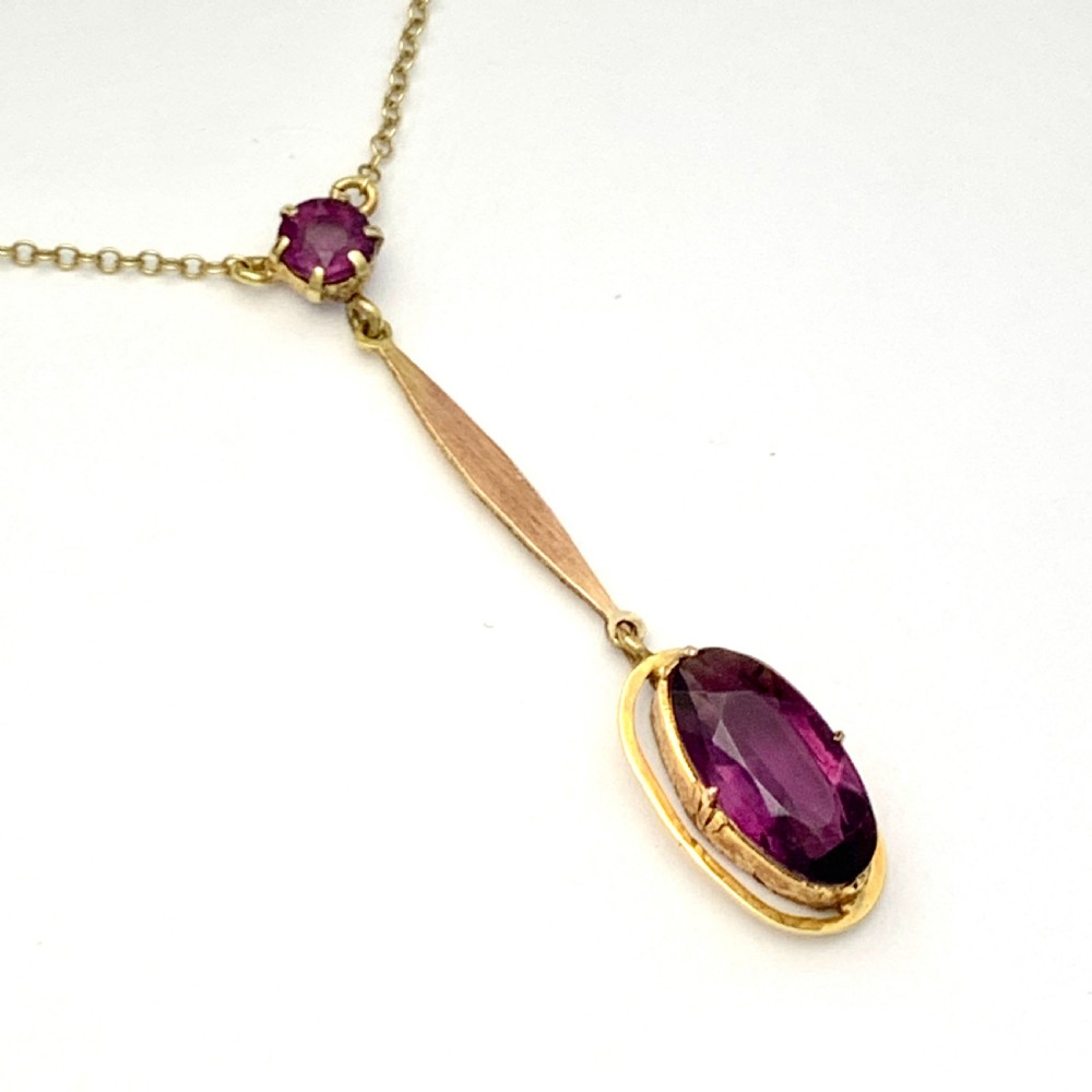 Edwardian 9CT Gold Amethyst Paste Drop Necklace  View V