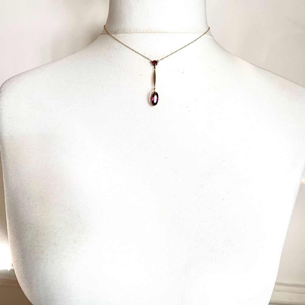Edwardian 9CT Gold Amethyst Paste Drop Necklace  View VIII