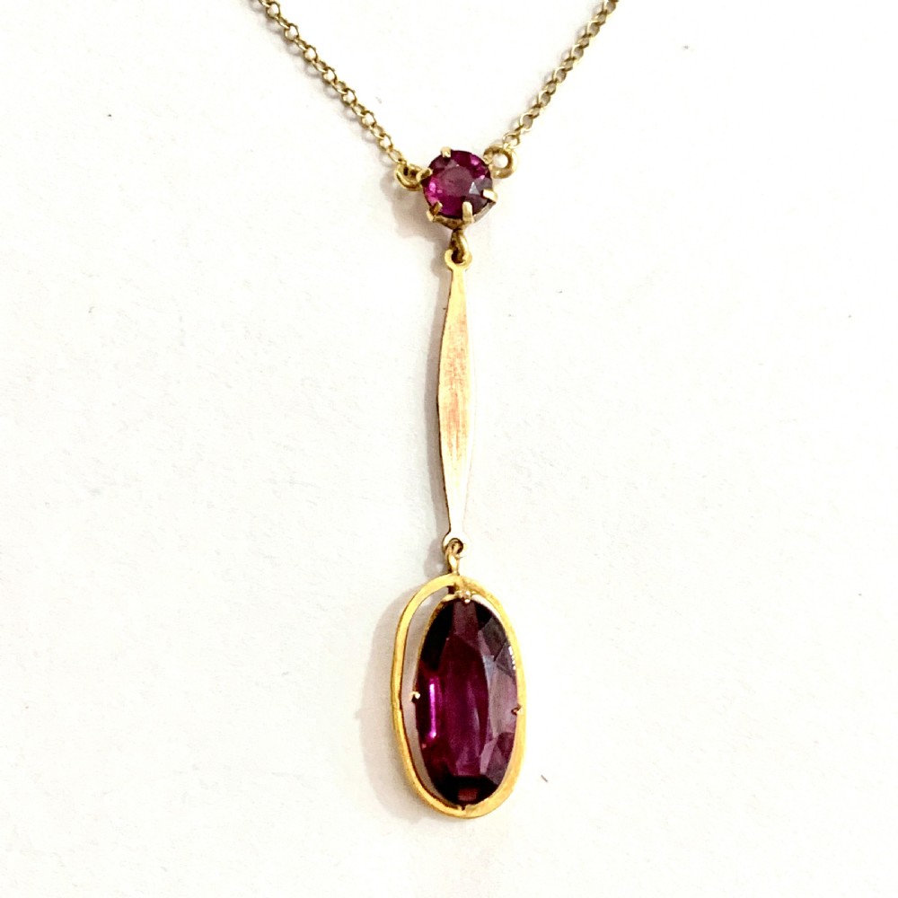 Edwardian 9CT Gold Amethyst Paste Drop Necklace  View IX