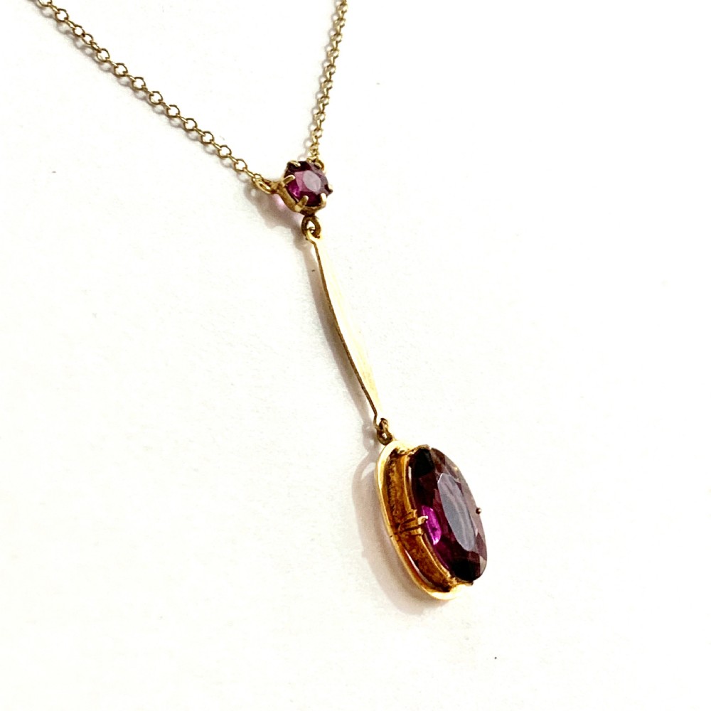 Edwardian 9CT Gold Amethyst Paste Drop Necklace  View X