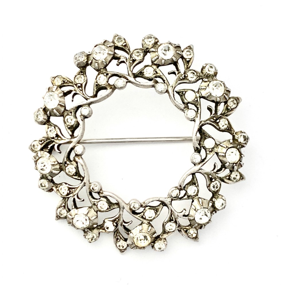 Large Victorian Paste Floral Wreath Brooch • Hallmarked Silver