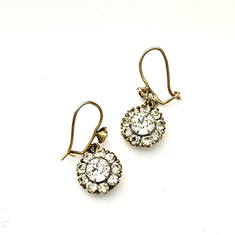 Victorian 9CT Gold Paste Flower Cluster Drop Earrings