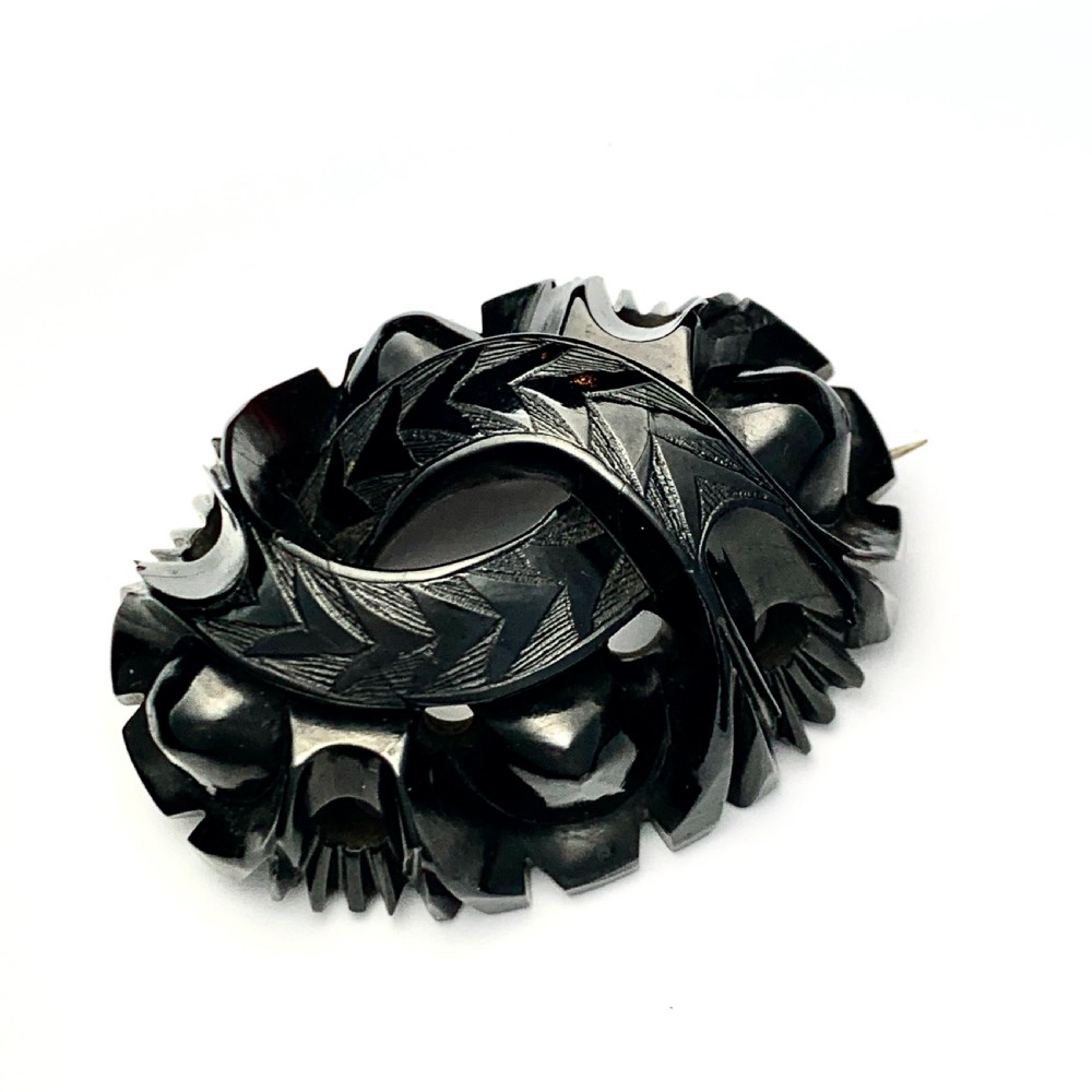 Large Victorian Carved Whitby Jet Mourning Brooch View V