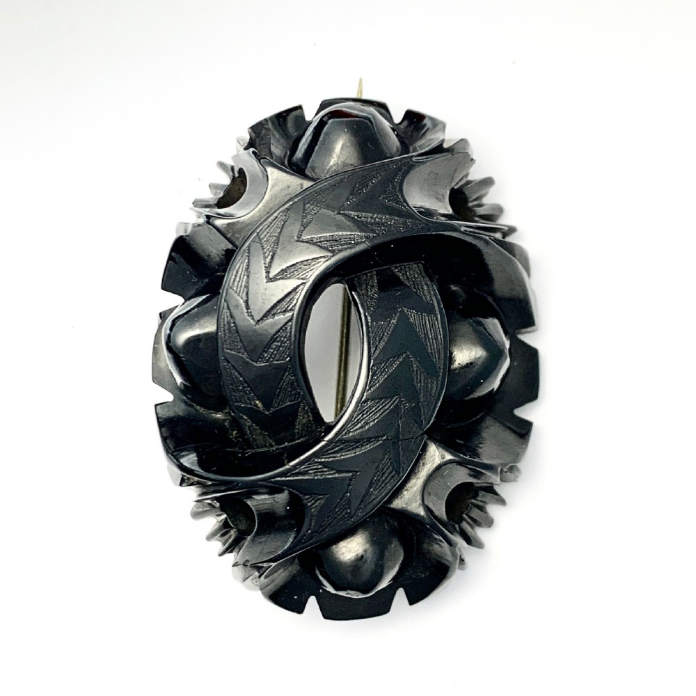 Large Victorian Carved Whitby Jet Mourning Brooch View VI