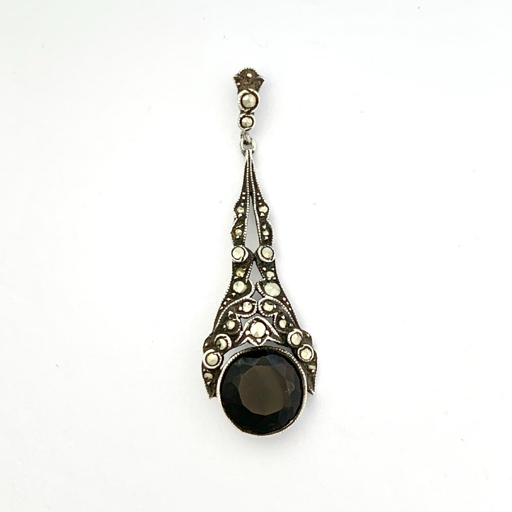 Edwardian Silver Smoky Quartz Marcasite Pendant