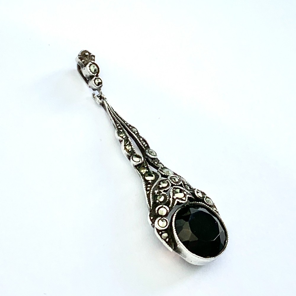 Edwardian Silver Smoky Quartz Marcasite Pendant View II