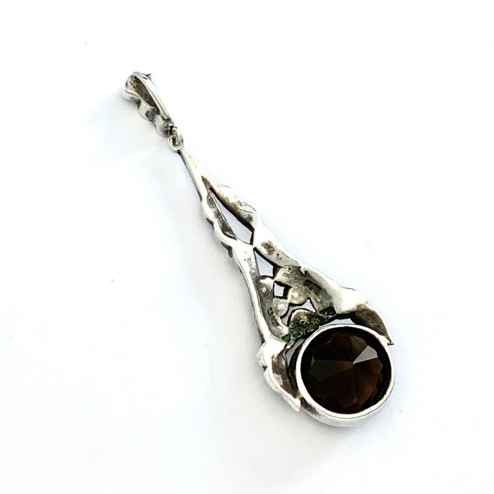 Edwardian Silver Smoky Quartz Marcasite Pendant View III