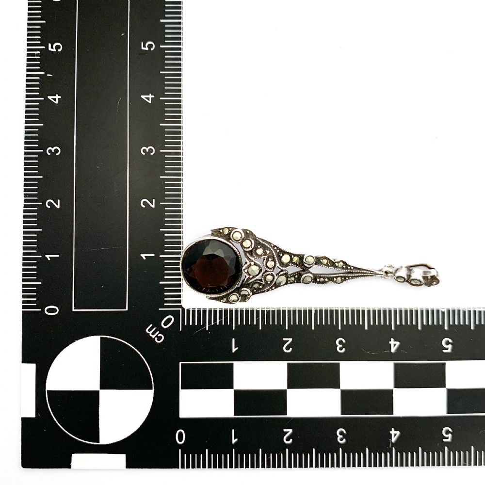Edwardian Silver Smoky Quartz Marcasite Pendant View V