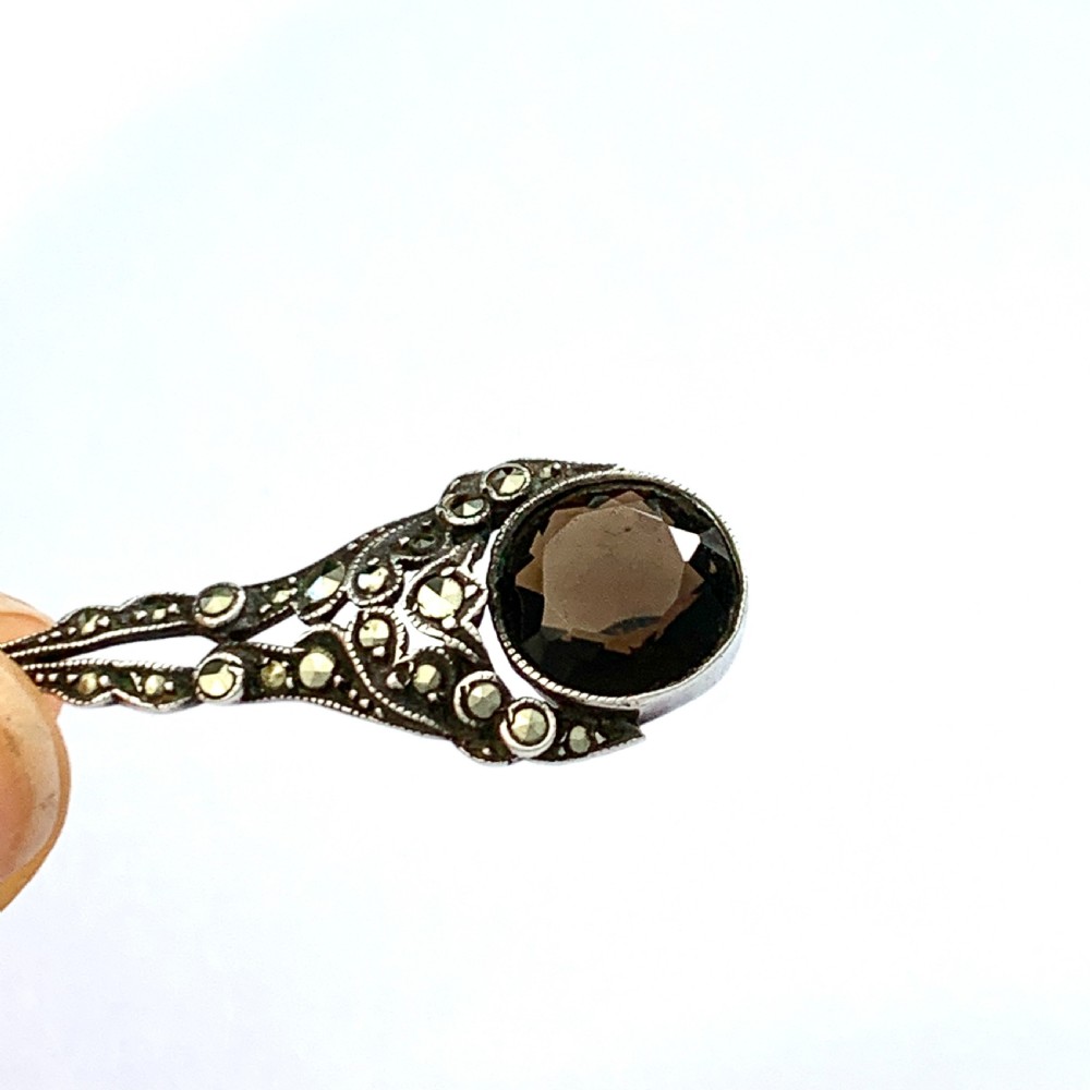 Edwardian Silver Smoky Quartz Marcasite Pendant View VI