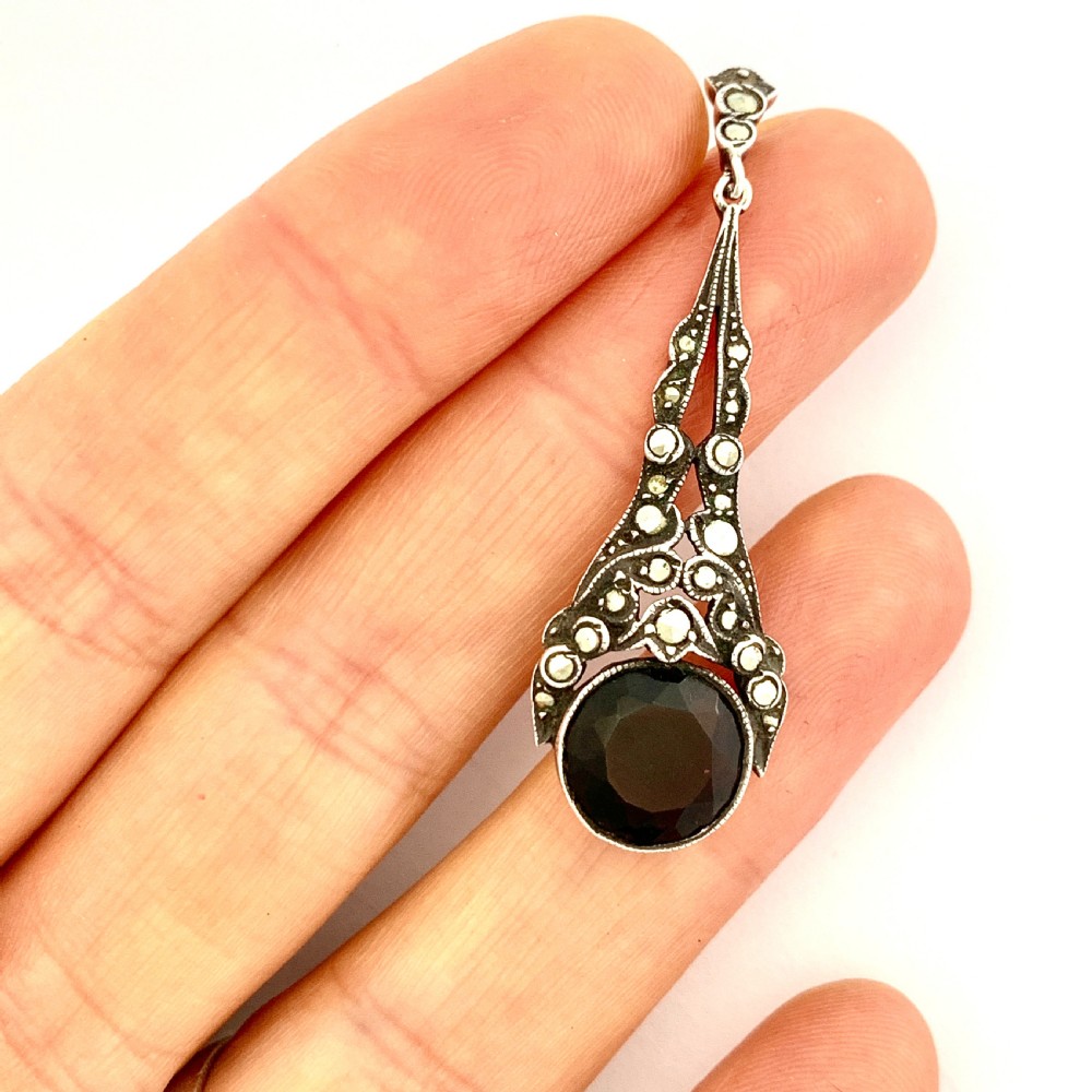 Edwardian Silver Smoky Quartz Marcasite Pendant View VII
