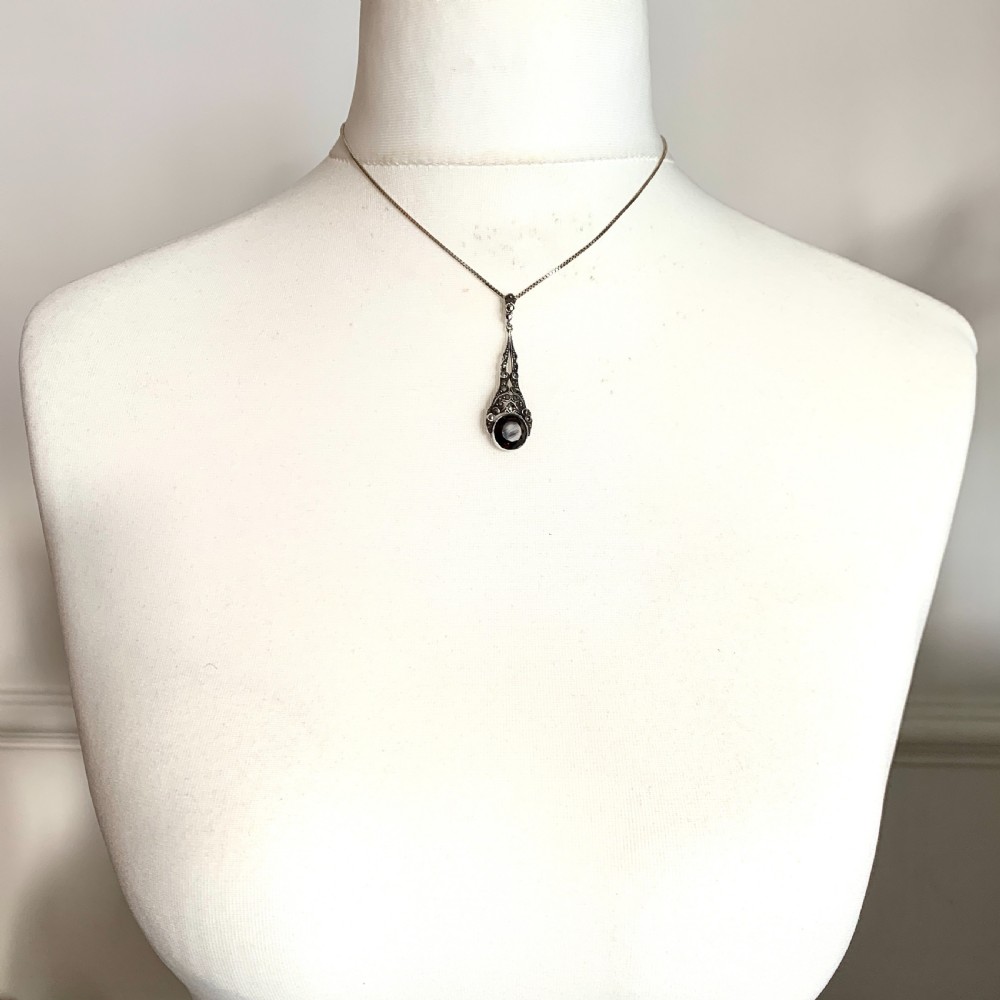 Edwardian Silver Smoky Quartz Marcasite Pendant View VIII